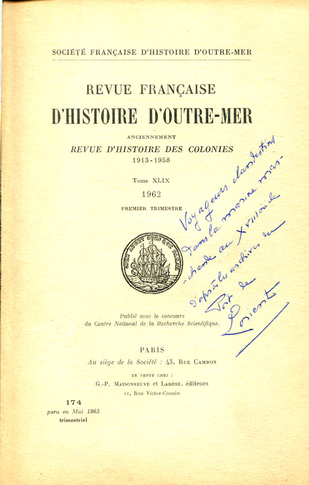 Revue française d'Histoire d'Outre-Mer - Tome XLIX - 1962