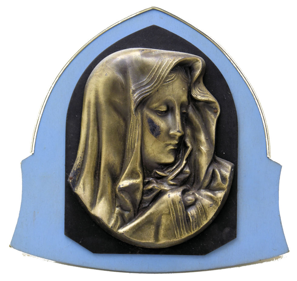 Tête de la Sainte Vierge Marie sur fond bois bleu – A suspendre